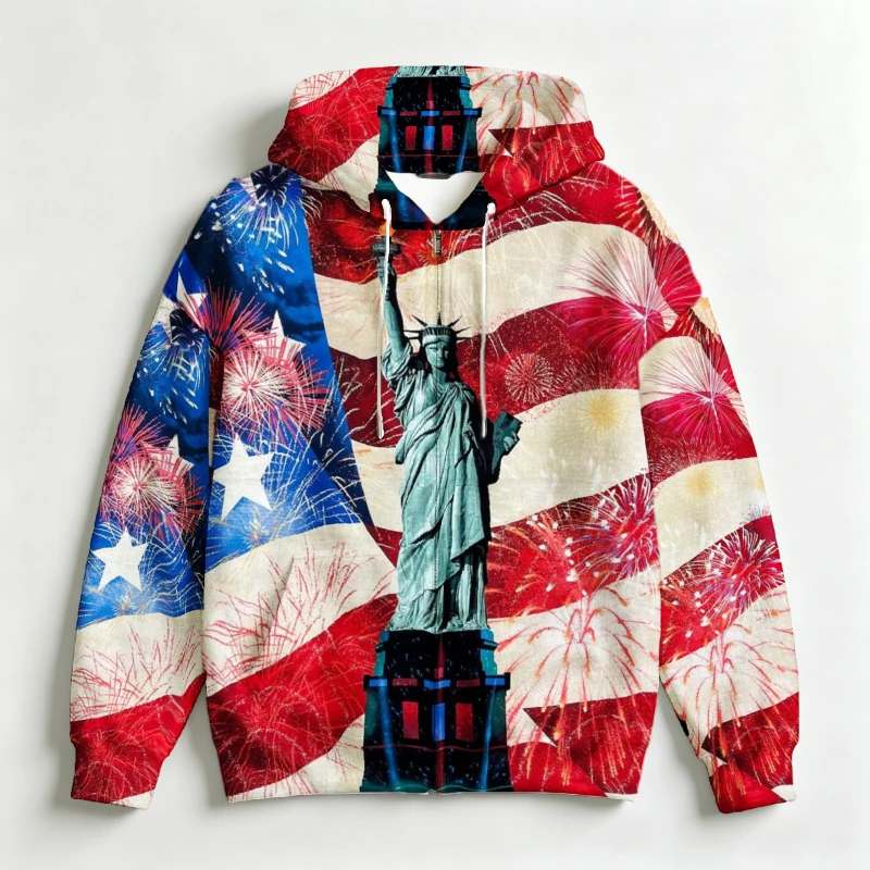 Men Zip Hooded Sweatshirt 3D Vintage USA Patriotic Graphic Drawstring Casual Daily Outer Garment For Male