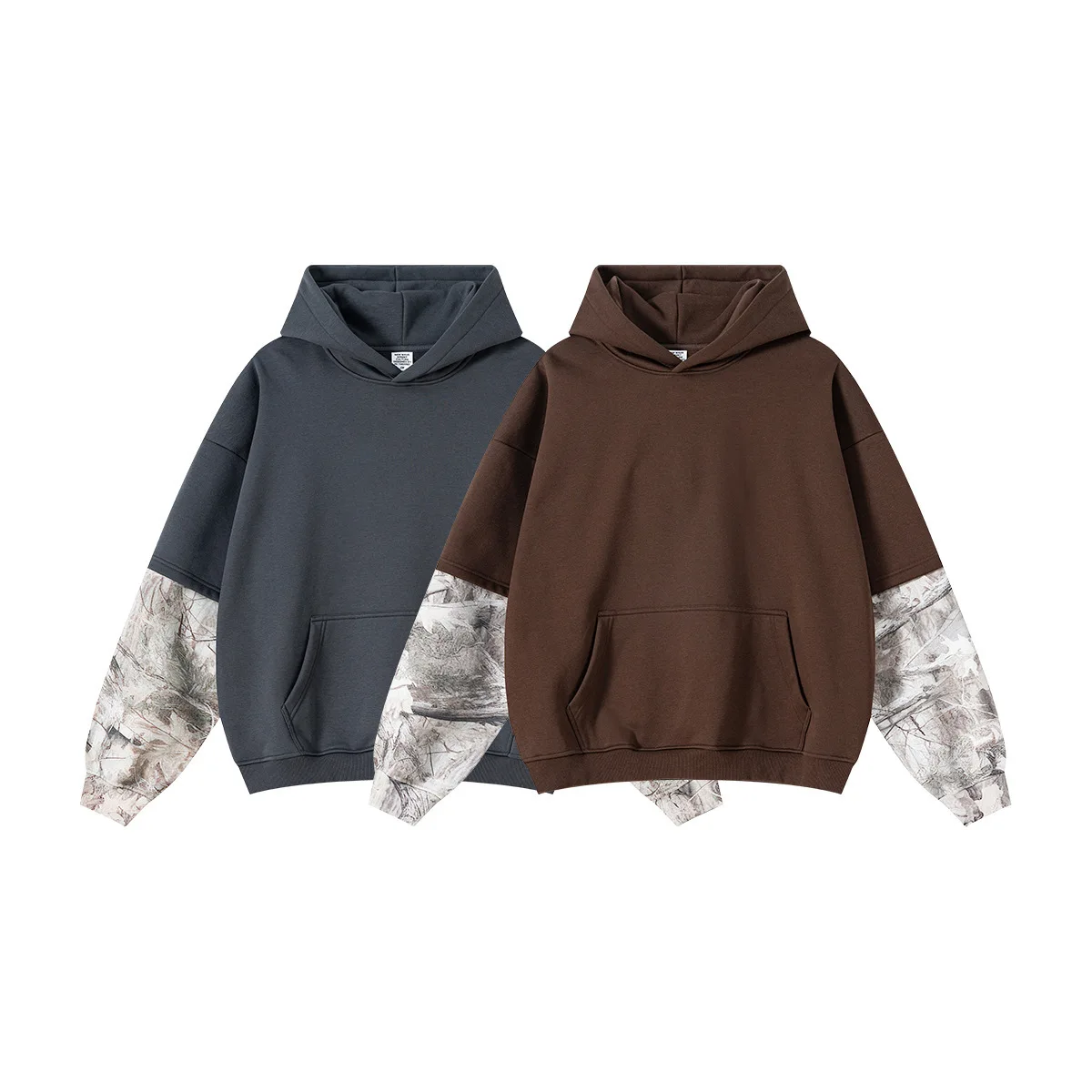 Abbigliamento da uomo Moda Autunno High Street Trendy Brand Oversize Foderato in pile Falso in due pezzi Patchwork Felpa con cappuccio mimetica NUER