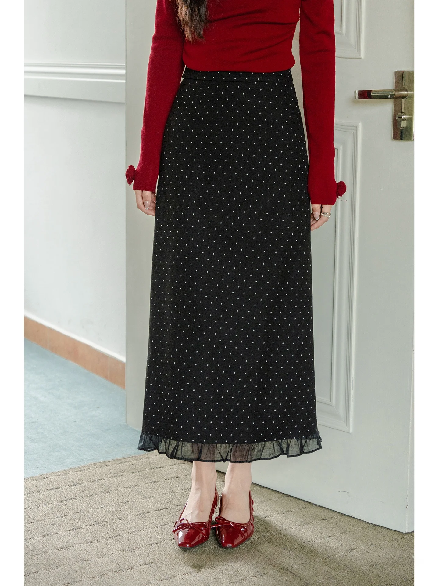 

Bla Polka Dot f Skirt with Lace A-Line High Waist for Women Autumn 2025 New Sle Branch Roll French Sle Polyester