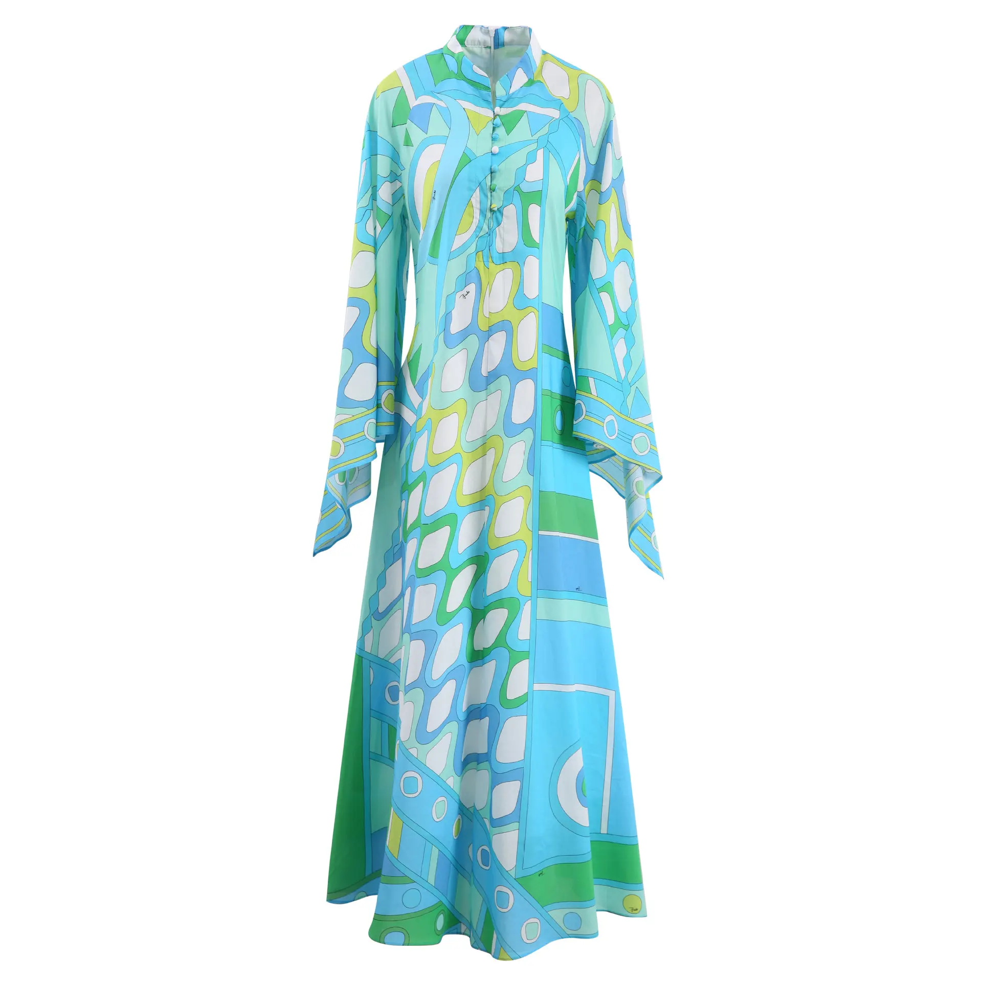 2025, Boho-Chic, grün bedrucktes A-Linien-Kleid für Damen, lässiges Baumwoll-Maxikleid mit hoher Taille und Stehkragen, Frühling und Herbst, locker