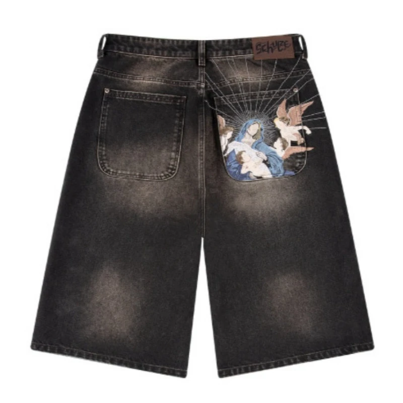 Deeptown Vintage Embroidery Jorts Black Gothic Man Women Short Jeans Baggy Harajuku Goth Graphic Distressed Hip Hop Denim Shorts