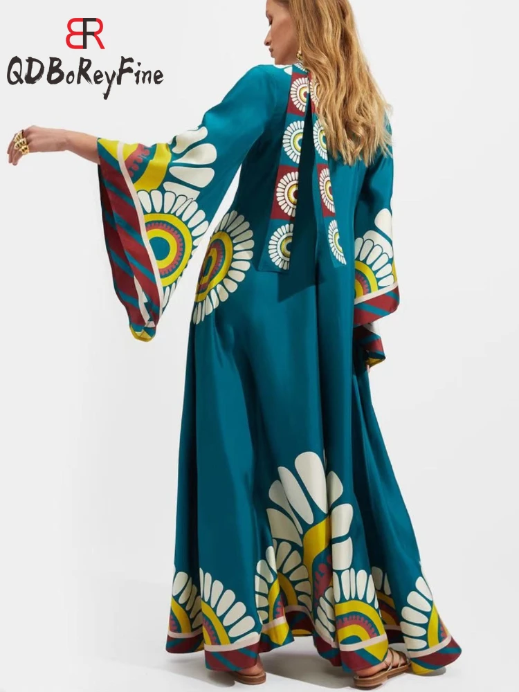 2024 nuevo en vestido De verano para Mujer elegante estampado suelto Vestidos De Mujer De manga larga con cordones Boho vestido Maxi De gran tamaño para Mujer