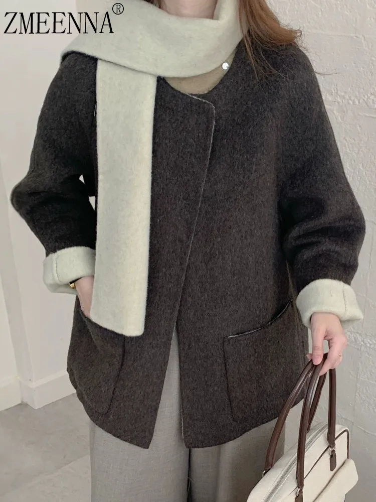 

ZMEENNA Womens Wool Blend Short Jacket Open Front Coat With Detachable Scarf Contrast Cuff Winter Outerwear ZM4292