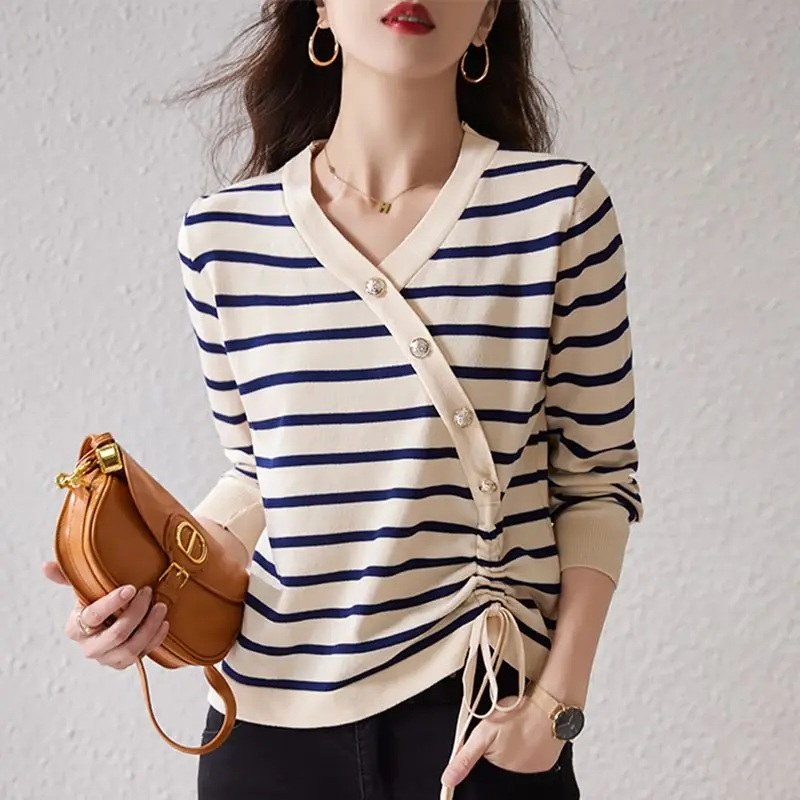 Drawstring Striped Women\'s Autumn Winter 2024 New Spliced Pullover V-Neck Button Fashion Loose Sweater Knitted Long Sleeve Tops