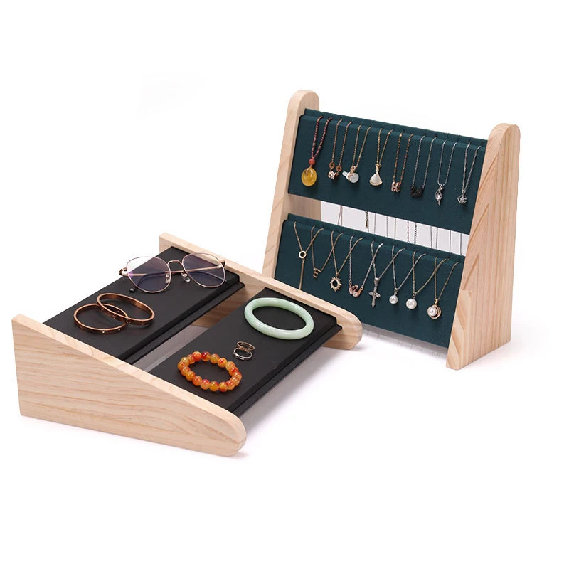 2 Layers Wood Slope Shape Jewelry Display Necklace Pendant Bracelet Organizer Stand Holder Rack Showcase Tray