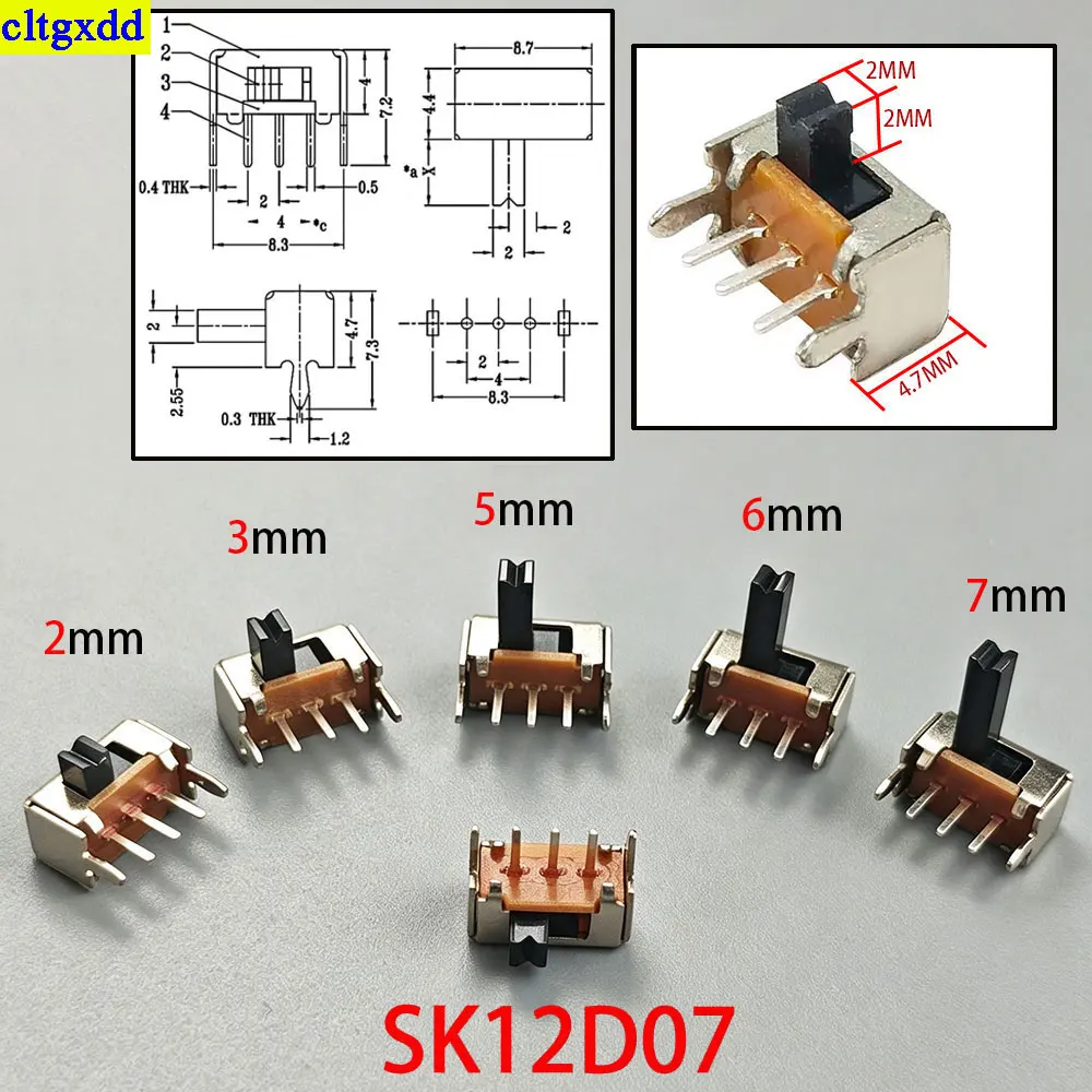 Cltgxdd 50piece SK12D07VG SK12D07 toggle switch 3PIN PCB 1P2T sliding switch handle micro sliding switch height 2/3/4/5/6/7mm
