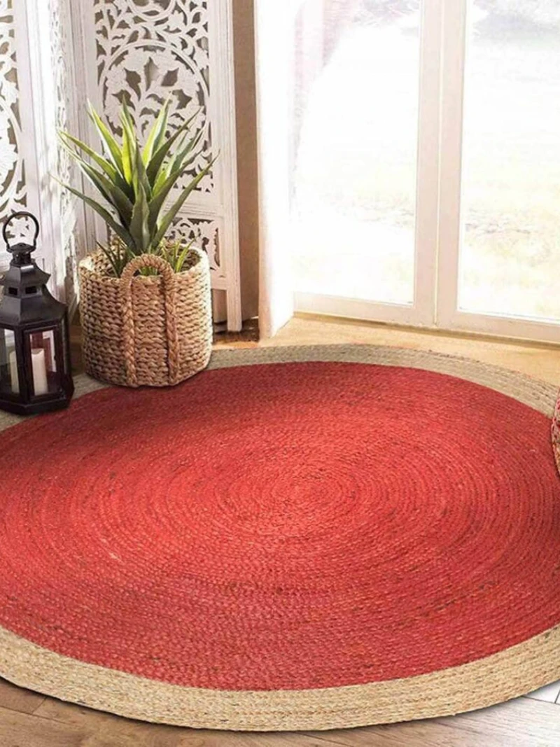 

Jute Round Rug Handmade Carpets for Bed Room Red Area Rug Rustic Look Kilim Area Rug Home Bedroom Decor