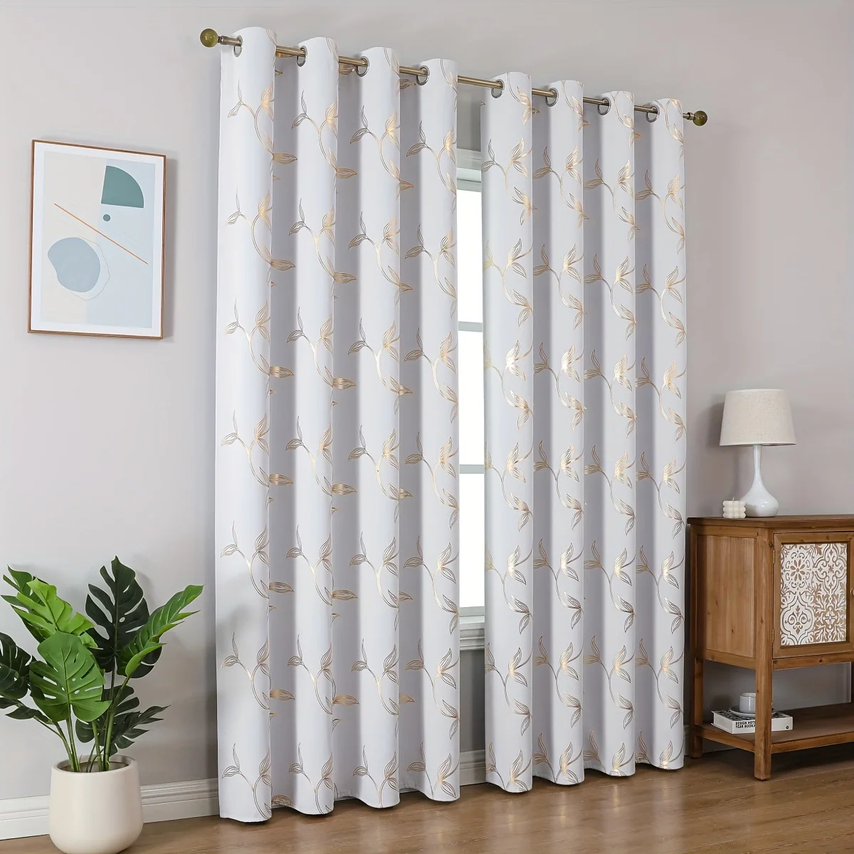 1PC Elegant Blackout Curtain with Gold Leaf Design, Modern Metal Bronze Color Drapes, Polyester Material, Ideal for Living Room