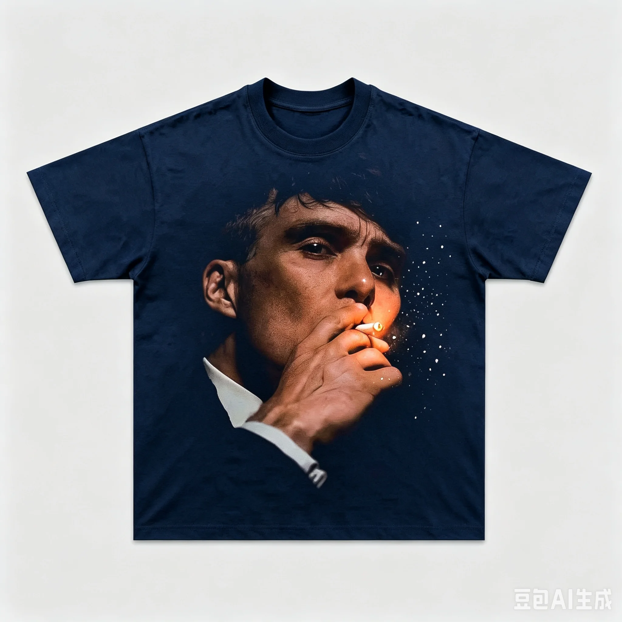 Black Front Print Retro British Crime Drama Close-Up Male Smoking Portrait Warm Spark Grain Loose Oversized Cotton Street Top