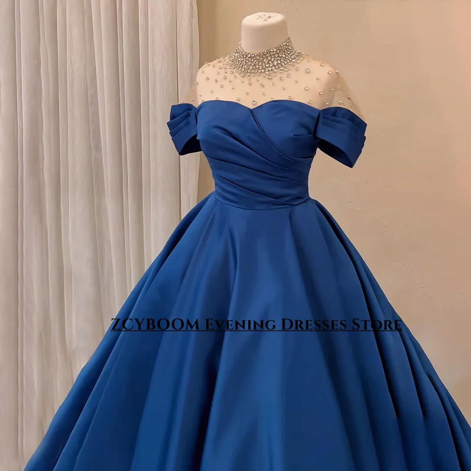 Customized Luxury Navy Blue Sparkling Beading Evening Dresses 2024 Satin Pleated A-Line High Neck Long Party Prom Gown For Women