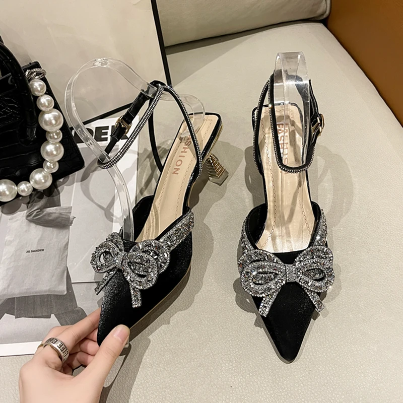 JMPRS Shiny Crystal Bowtie Pumps Women Fashion Ankle Strap High Heels Party Shoes Woman 2022 Summer Pointed Toe Sandals Mujer