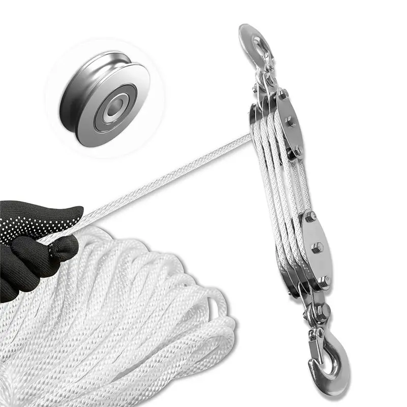 RABIT AS59~ Block And Tackle Pulley System, 4-Wheel Rope Pulley Hoist, 2200LB Work Load With 65Ft Of 1/4 Inch Rope, Compact Rope