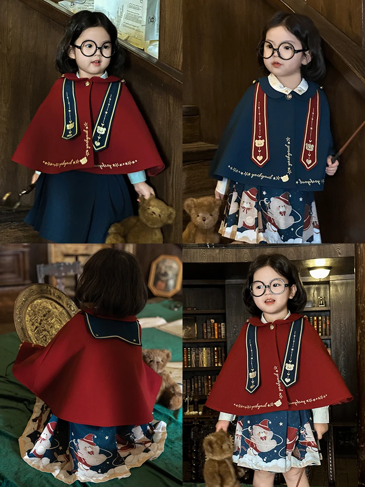 Girls' Spring Embroidered Ribbon Navy Cape Cloak Bowtie Shirt Multi Piece Set Trendy