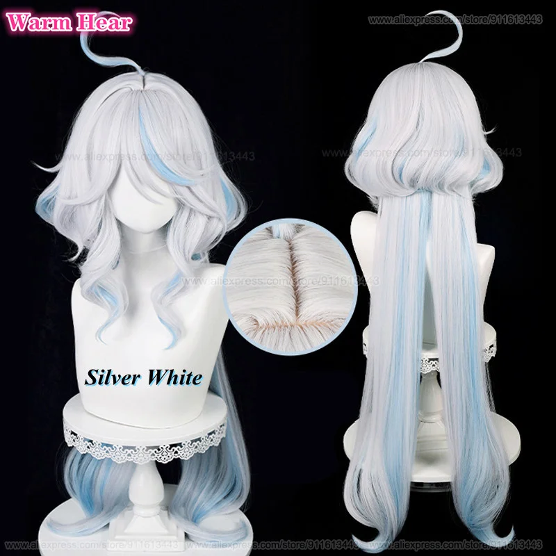 Fontain Furina Synthetic Wig Anime Long 100cm Cruly Silver White Blue Focalors Cosplay Anime Wigs Heat Resistant Wig + A Wig Cap