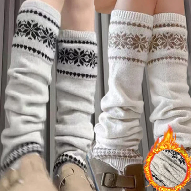 

JK Snowflake Wool Leg Warmers Women Winter Knitted Foot Cover Knee Socks Girls Long Stockings Lolita Fair Isle Piled Boot Covers