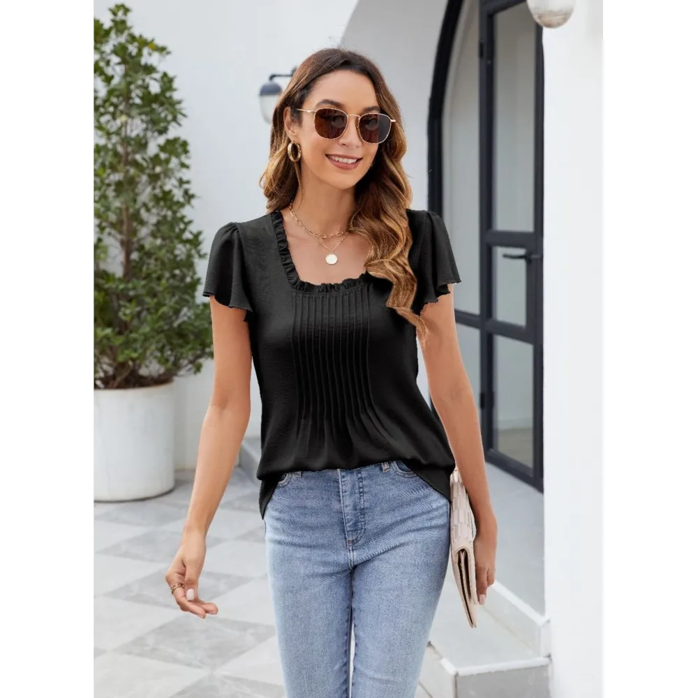 Femmes noir 2025 printemps/été nouvelle Collection couleur unie à manches courtes T-shirt mode décontracté col carré haut pour les femmes