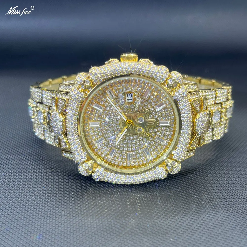 

TikTok Hot Diamond Wristwatch For Men Luxury MISSFOX Gold Plated Quartz Watches Nightclub Party Watch Unisex Rapper Jewelry Gift