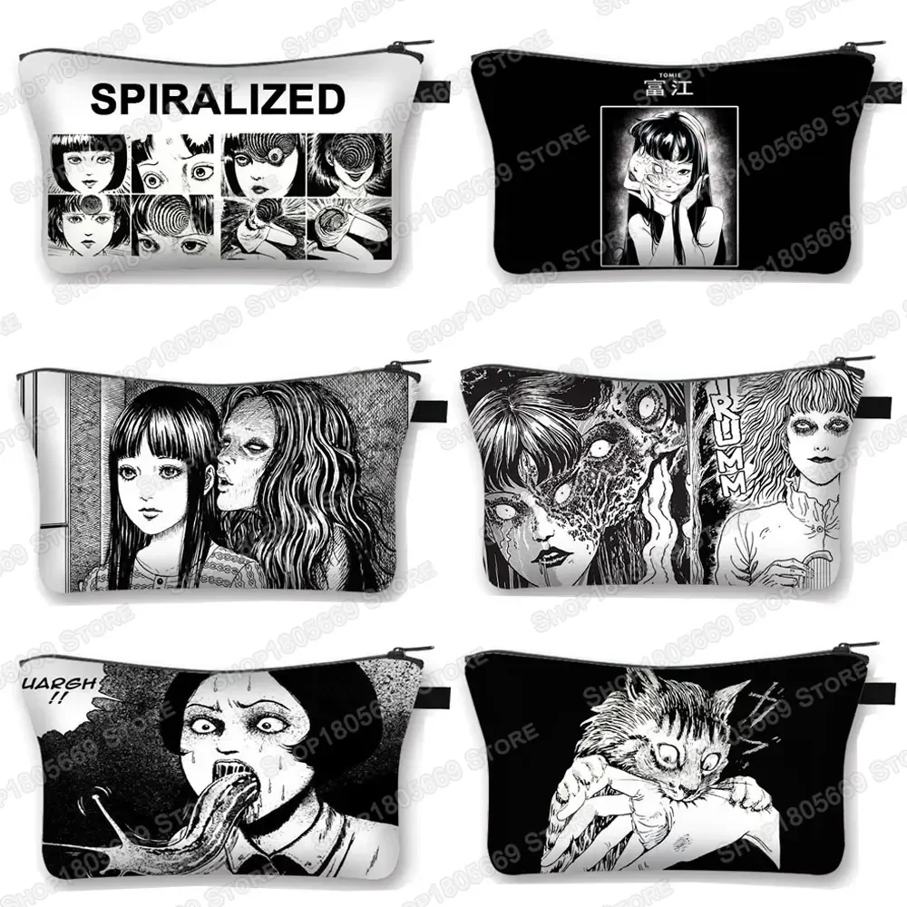 Estojo cosmético com estampa de mangá de terror, tomie espiralizado, bolsa de maquiagem feminina, batom, bolsa de higiene pessoal, mini bolsa de cosméticos para meninas