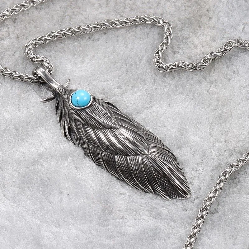 New Style Vintage Viking Lake Blue Stone Inlaid Metal Feather Pendant Necklace Men Punk Rock Biker Jewelry gift