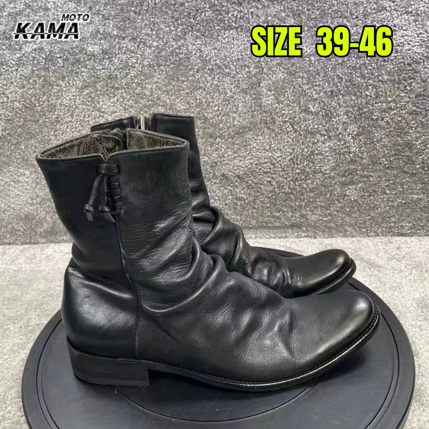 Motorcycle Boots Vintage Black Leather Men's Ankle Boots Round Toe Side Zipper Low Heel Casual Soft Wrinkled Leather Shoes