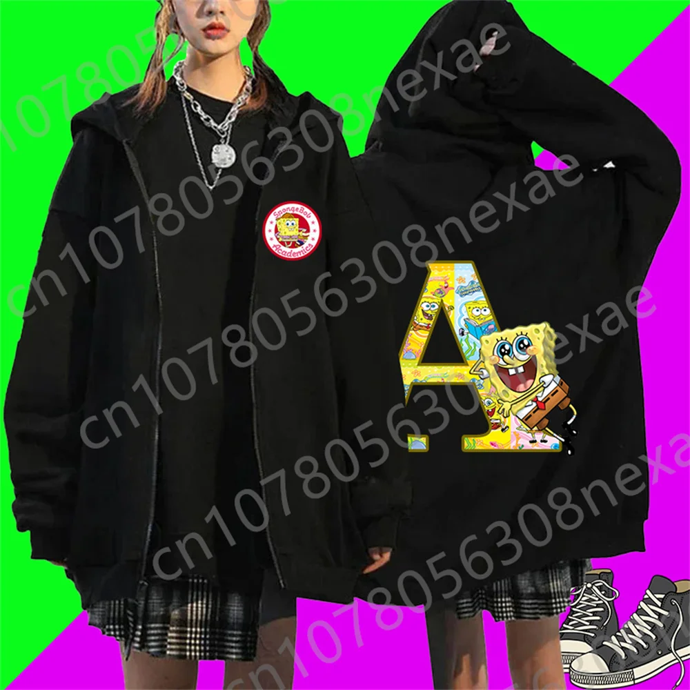 Spongebob 26 English Letters, Black Zipper Hoodie, Zipper Coat, Harajuku Pattern, Printed Adult Children's Coat, Sports Coat Top