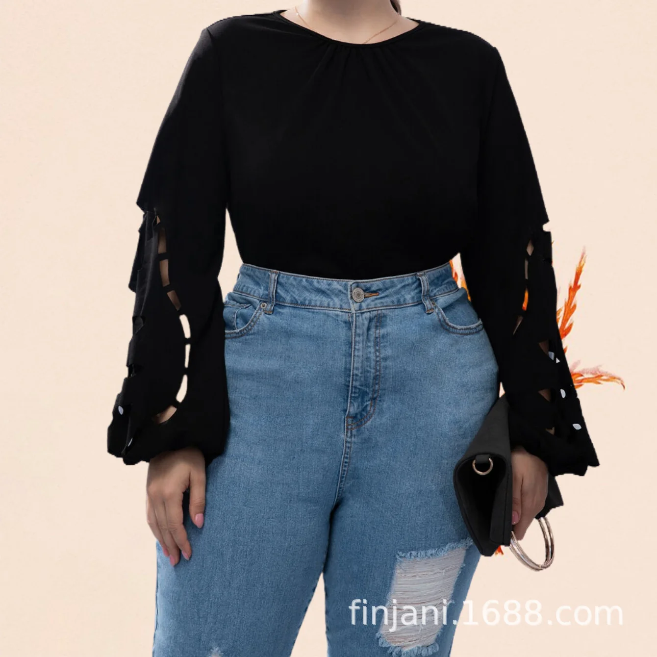 Plus Size Frauen T-Shirt Mode hohle Langarm Plissee Rundhals-Shirt Herbst neue große lässige weibliche einfarbige Tops