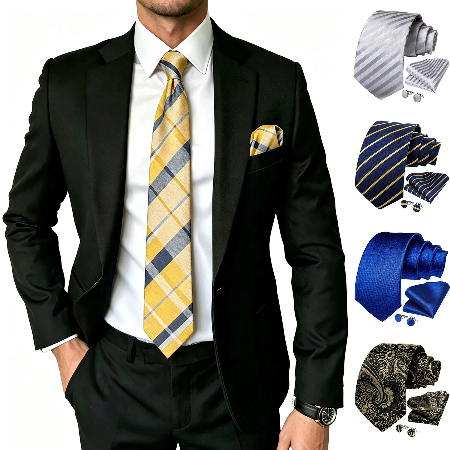 Plaid Striped Solid Paisley Mens Tie Set 3 Piece, Necktie Pocket Square Cufflinks For Wedding Business Office