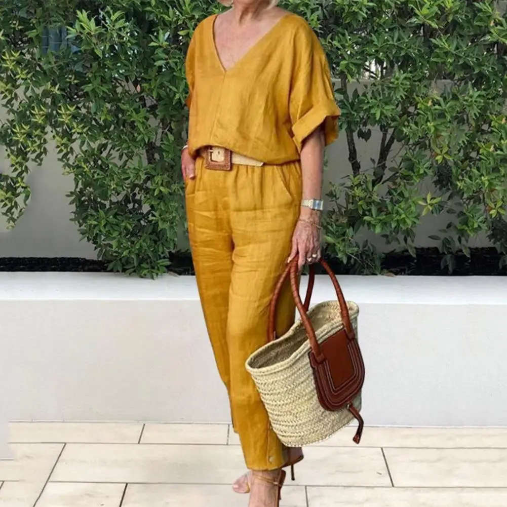 Lady Autunno Estate Outfit Donna T-shirt Pantaloni Set Tinta unita Scollo a V Elastico in vita Mezza manica Tasche a vita alta Top Pantaloni 2025