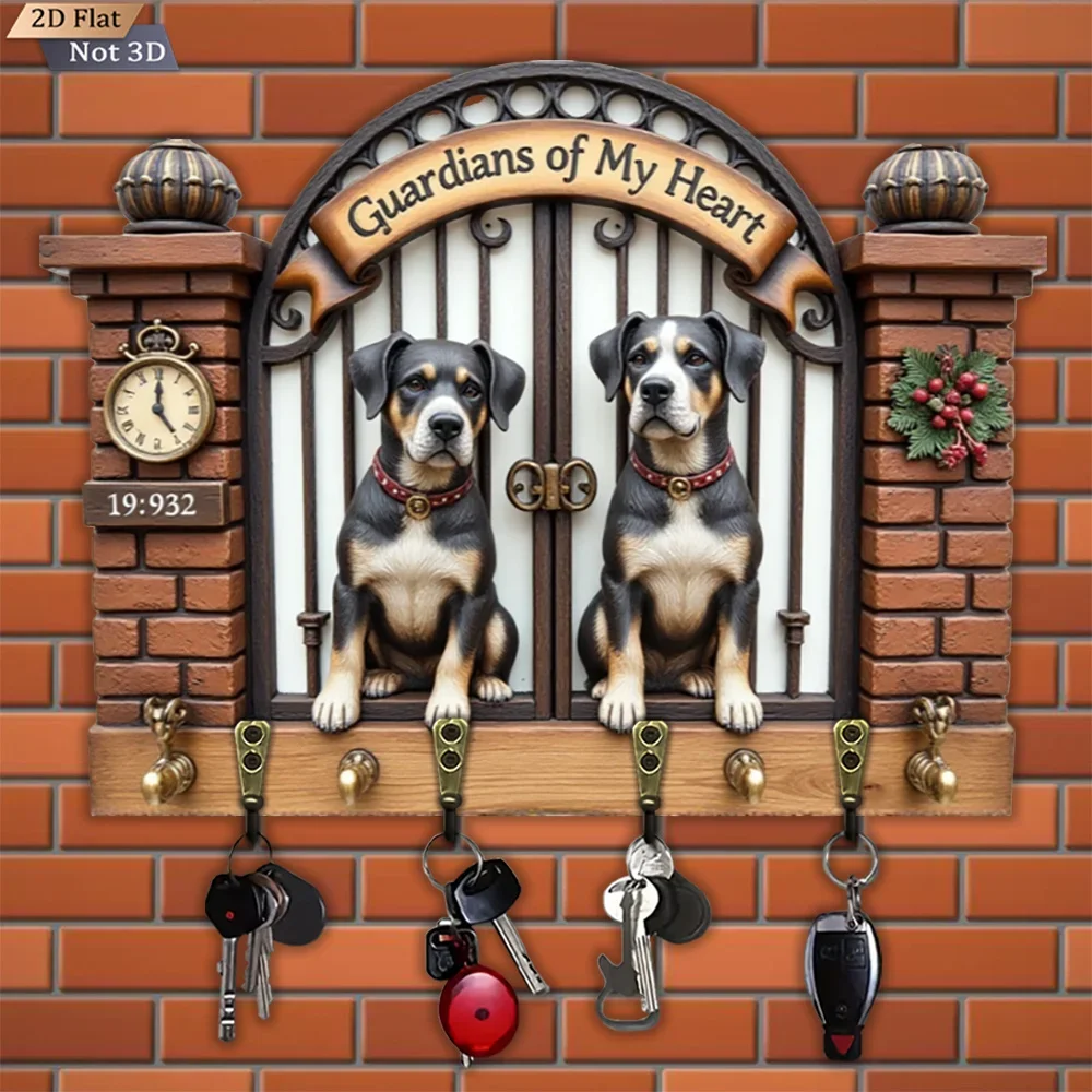 2D Flat, 1pc, Double Dog Guardian Key Hook Wooden Multifunctional Home Key Hook with Four Metal Hooks, Wall Decoration, Porch
