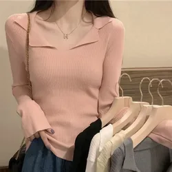Korean Style Collar Waist Cinching Anti Stripe Knitted Sweater with Long Sleeves Slim Fit and Slimming Top Women's New Versatile