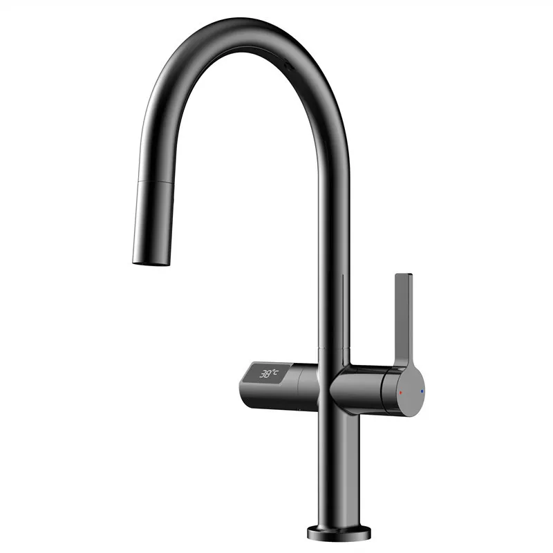 

Gun gray, kitchen pumping faucet, hot and cold, digital display, induction, vegetable basin
