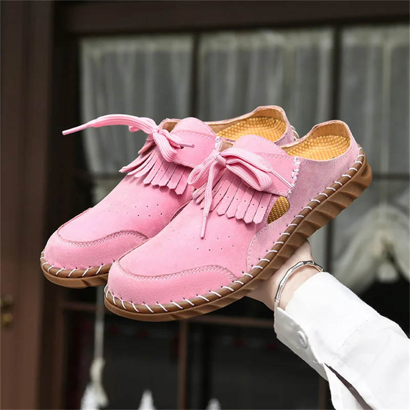 

Pink Suede Woman Mules Shoes Big Size 43 Tassel Fashion Women's Shoes Quality Handmade Ladies Flats Summer Half Shoes For Women