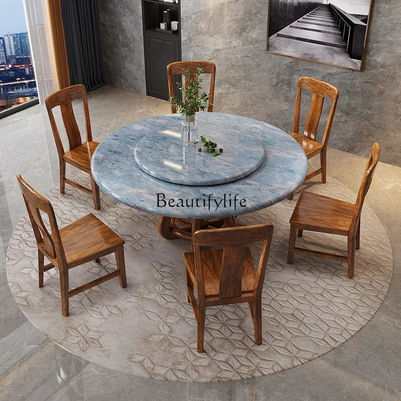 

02 ls 18European marble round table, all solid wood dining table and chair combination, new Chinese style with turntable