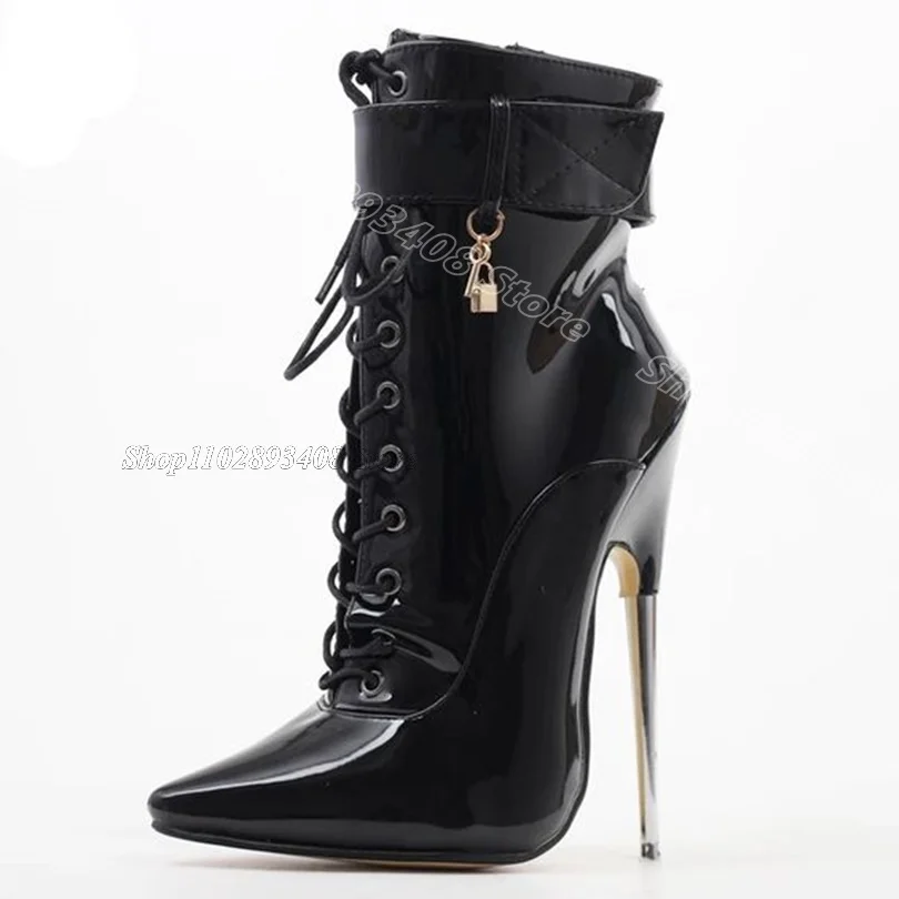 Black Lace up Metal Heels Boots Pointed Toe Leather Casual Party New Fashion Design for Women Boots 2024 Zapatos Para Mujere