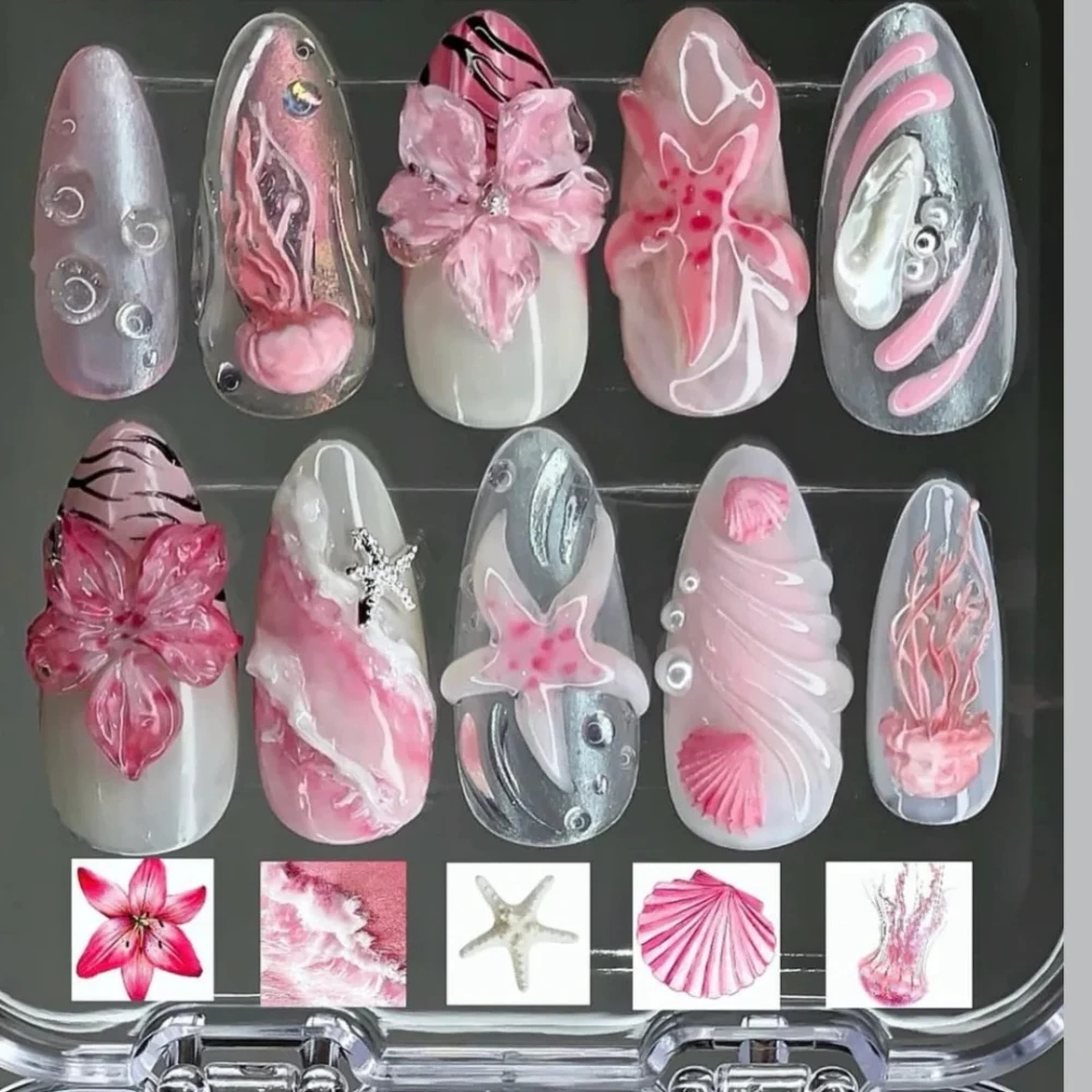 10 Pcs Handmade Press On Nails 2024 Luxury Pink Flower 3D Limited Medium Almond False Nails Design Art DIY Nails with Set