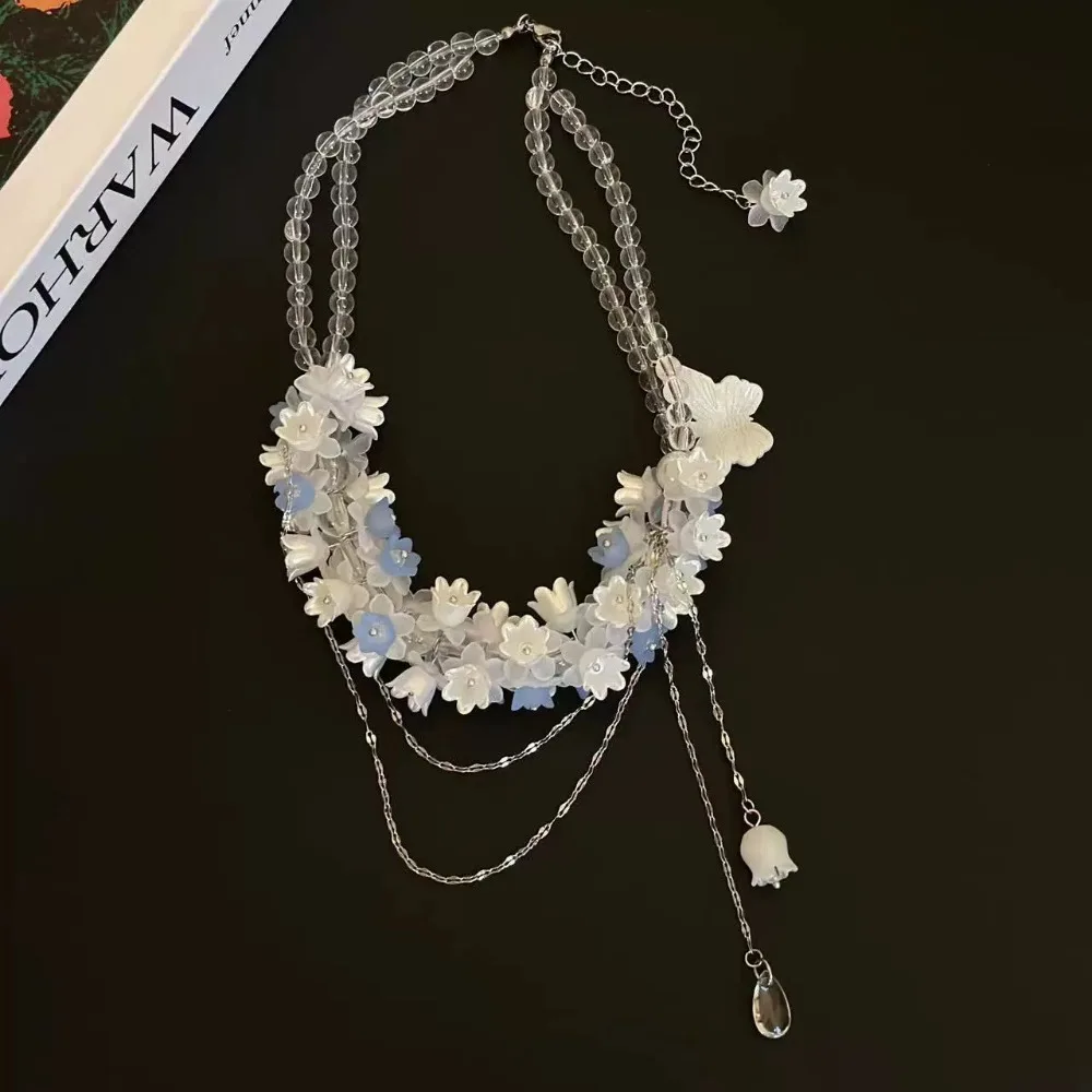 

Flower Bellflower Necklace Butterfly Acrylic Lilies of The Valley Chain Choker Tassels Blue May Bells Pendant Necklace Girls