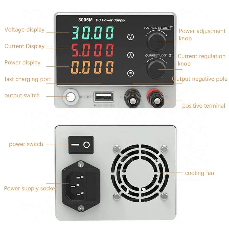 

VC300M 30V 5A DC Stabilized Power Supply Adjustable Voltage Current Charging Tester USB Port