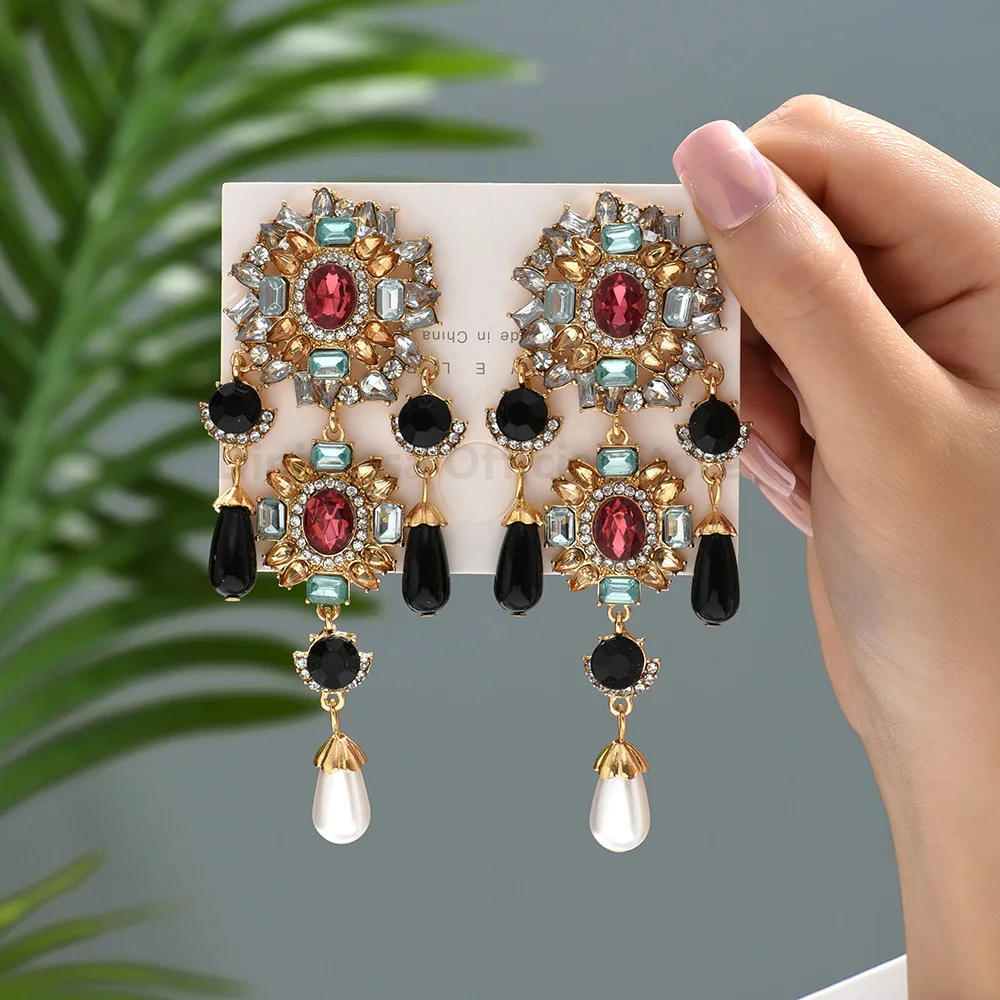 Bohemian Luxury Imitation Pearl Decor Vintage Drop Earrings For Women Fashion Elegant Ethnic Statement Jewelry Ear Accessories
