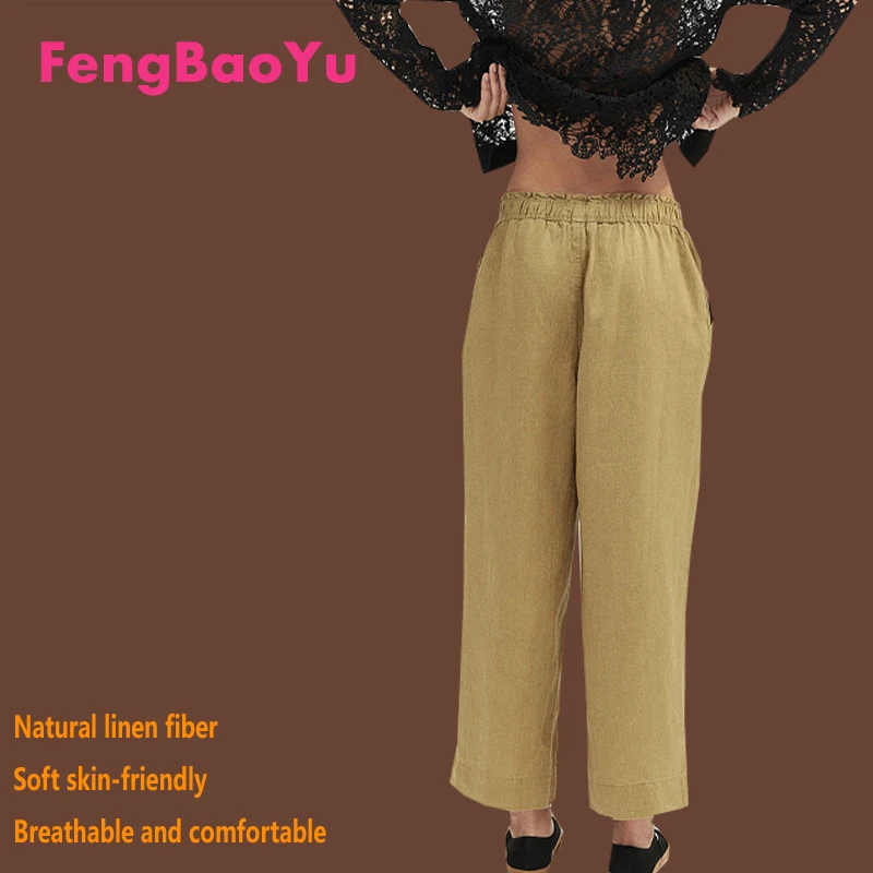

Fengbaoyu High-end 100% Pure Linen Women's Straight Pants with Elastic Waist - Simple Style Elegant Casual Wear Spring Summer