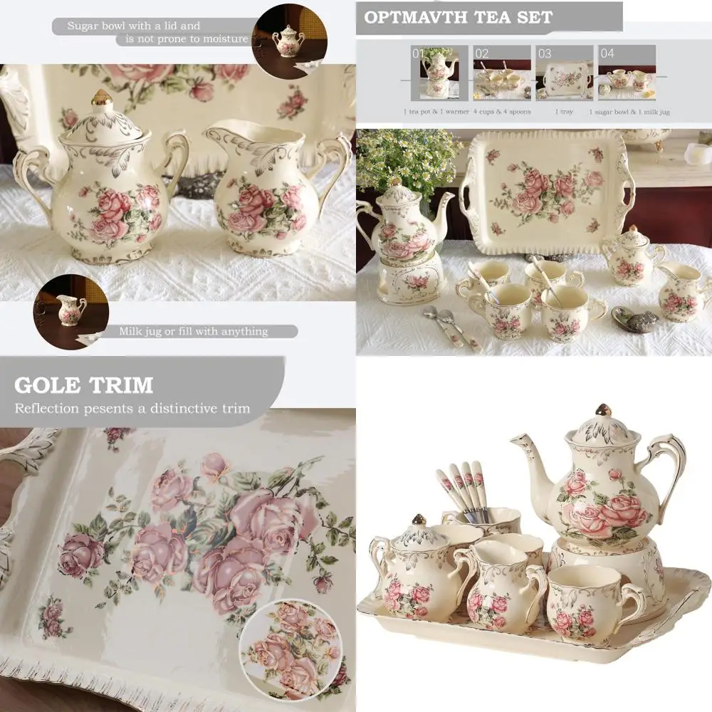 

Керамический чайный сервиз Pink Rose с 4 чашками, ложками, сахарной чашкой, чайником для молока, хранилищем и съемным подносом для домашних вечеринок и свадеб