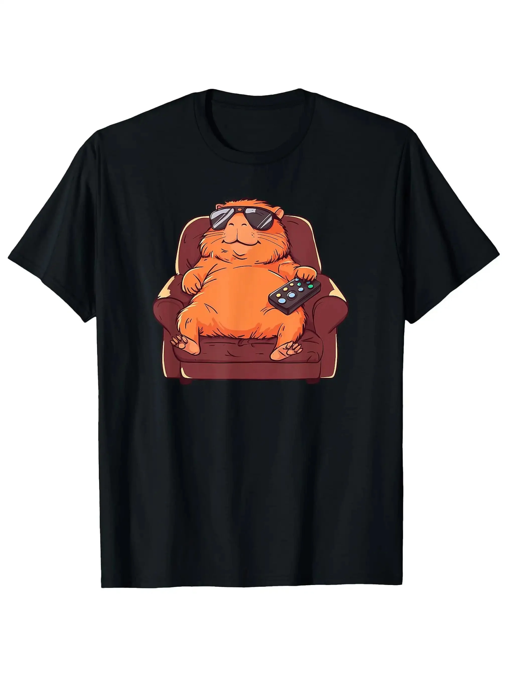 Cool Capybara Relaxing In Armchair with Remote Control Graphic T-Shirt Funny Animal Lover Casual Short Sleeve Cotton Tee