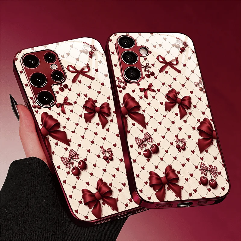 Fashionable exquisite Tempered Glass Red Fashion phone case for Samsung Galaxy S26/S25/S24/S23/S22/S21 FE Ultra Plus Shockproof