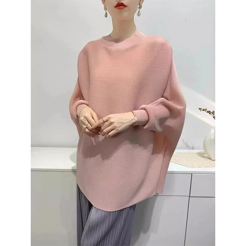 Pleated T Shirt Women Full Batwing Long Sleeve Loose Solid Color Stand Collar Versatile Casual Female New 2024 Clothing