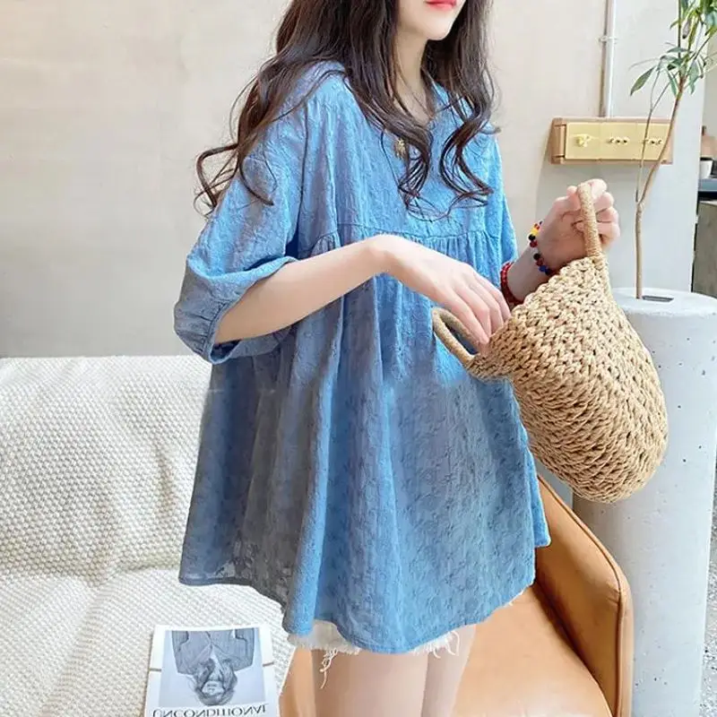 Women\'s Clothing Summer Trendy Vintage Embroidery Lace Blouse Solid Round Neck Oversized Shirt Y2K Casual Kawaii Streetwear Tops