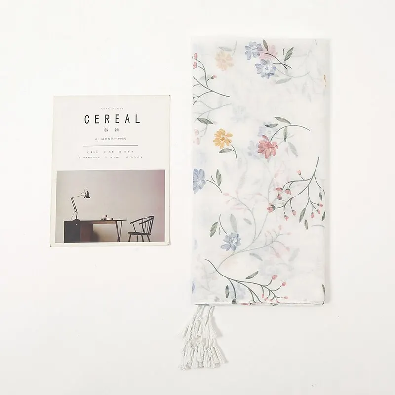 Summer Printed Floral Cotton Viscose Tassel Scarf White Long Shawl For Woman Muslim Hijab Ladies Casual Wraps Headband 190*90cm