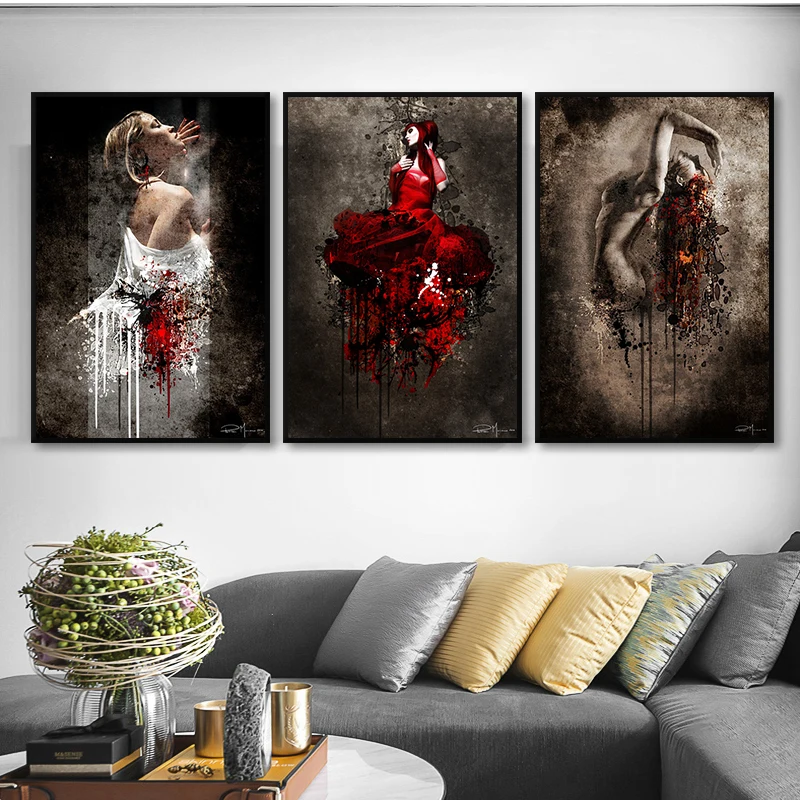 Red Flowers And Woman Abstract Scarlet Lips Print Art Canvas Poster For Living Room Decoration Home Wall Decor Picture