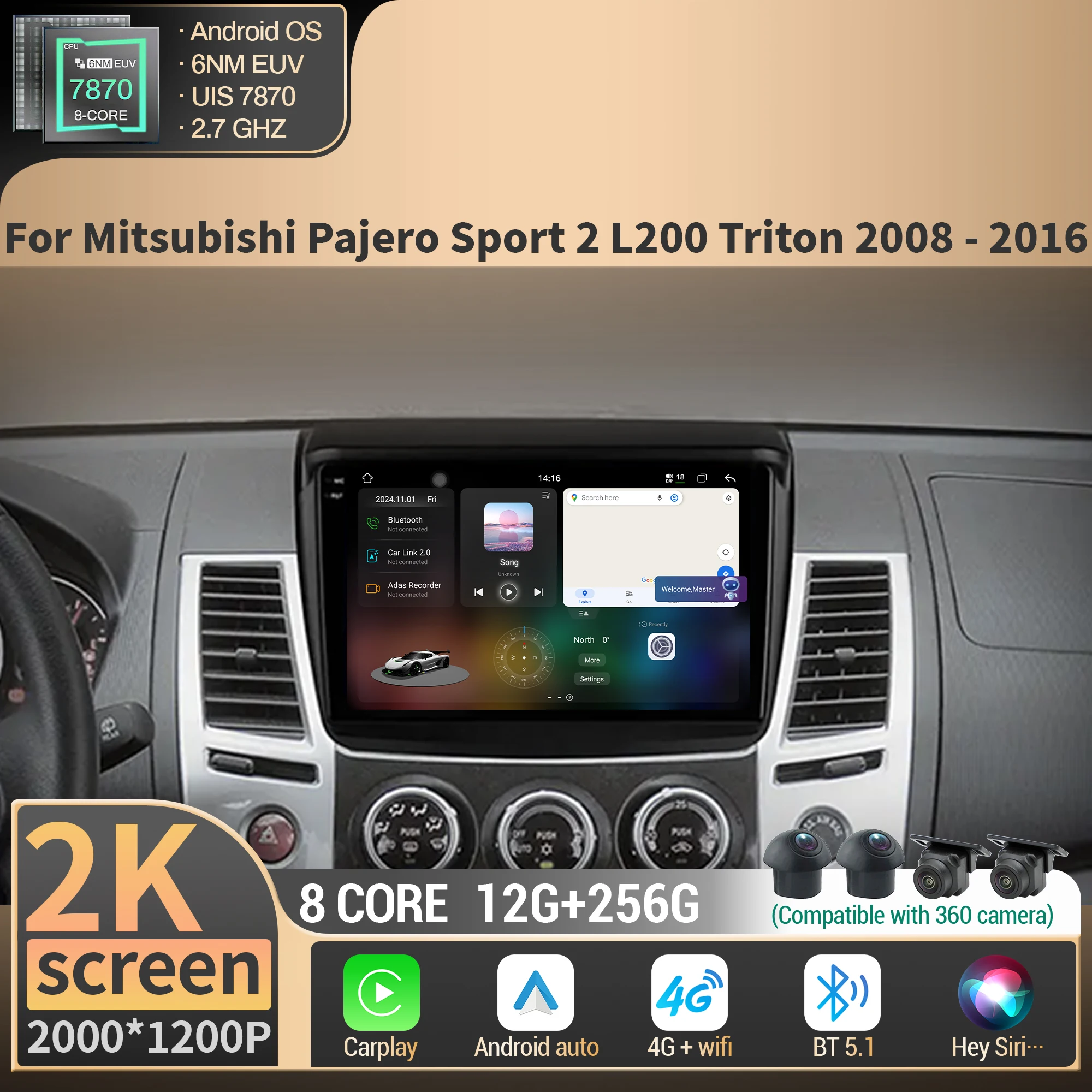 

For Mitsubishi Pajero Sport 2 L200 Triton 2008-2016 Car Radio Multimedia Wireless BT Carplay 4G CPU 7870 Android 2K QLED Screen