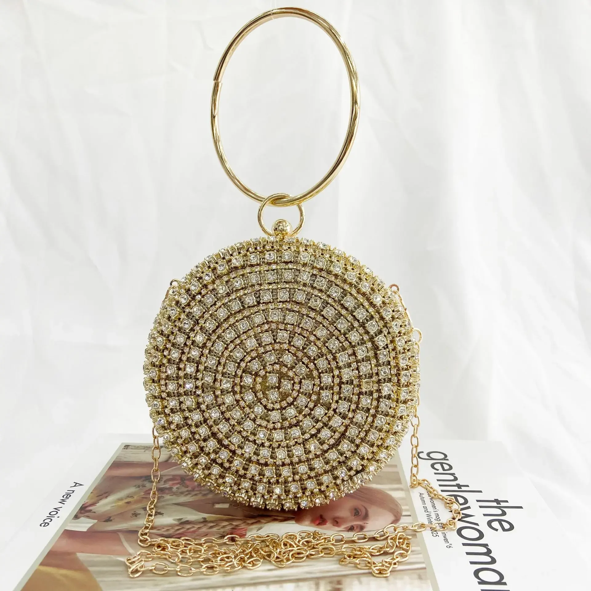 

Diamonds Rhinestone Handbag Women Fashion Round Big Ring Bags Bridal Evening Party Clutches and Purse Gold Luxury Shoulder Bags