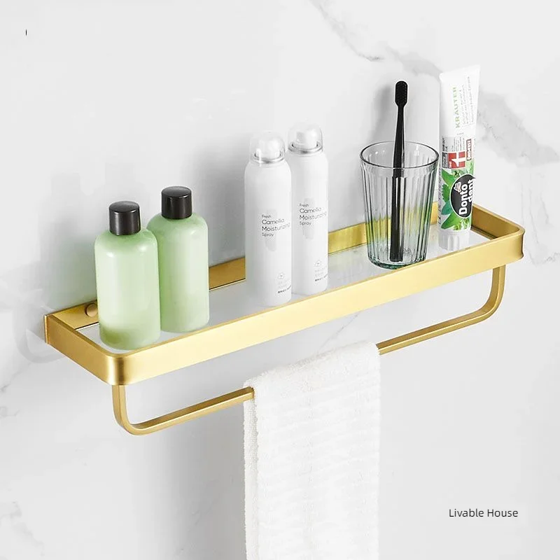 30-50CM Brushed Gold Glass Shelf  Aluminum Bathroom Storage Holder Bath Shower Shelf  Bathroom Shelf Mirror Wall Tray Towel Bar