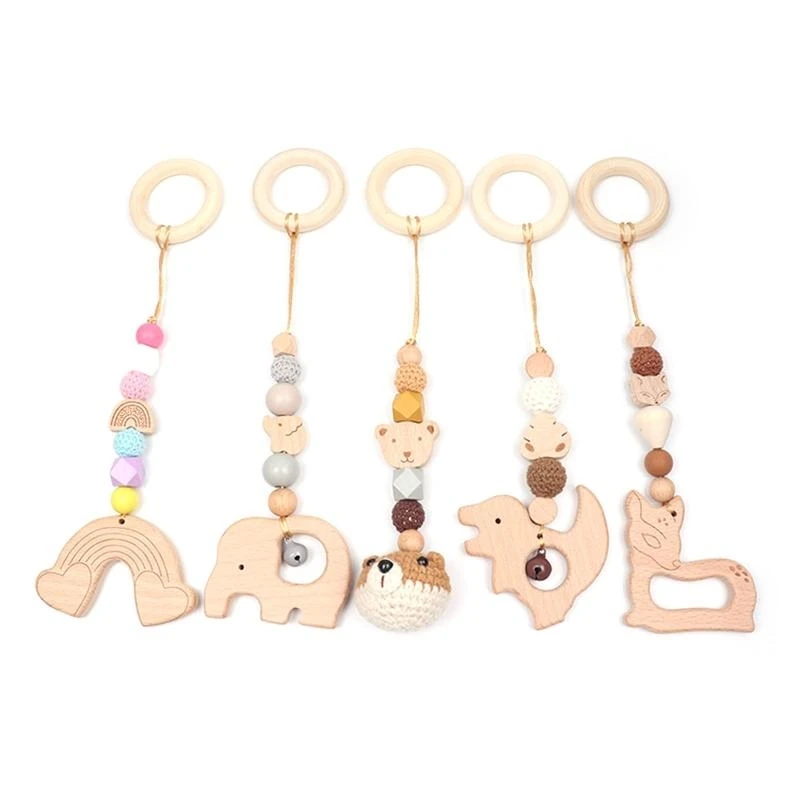 

J15U 3 Pcs Baby Gym Frame Pendants Stroller Rattle Wooden Ring Beads Nursing Teether